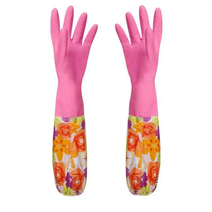 Elegant floral print rubber kitchen gloves with long 49.5 cm length for superior arm coverage and protection
