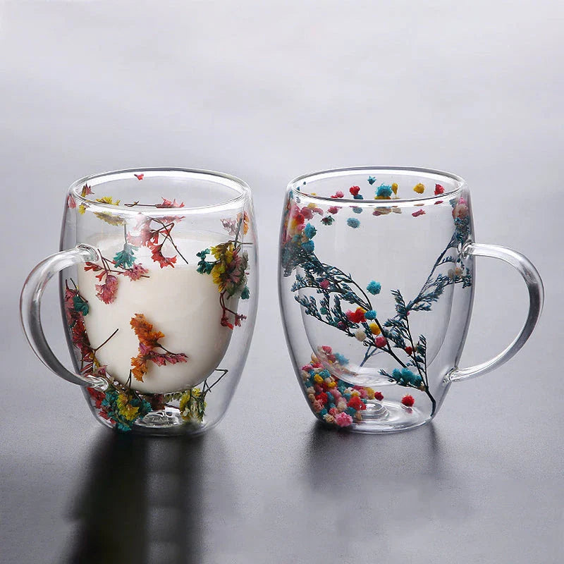 Elegant double-walled glass tea mug with a captivating floral design, ideal for hot and cold beverages