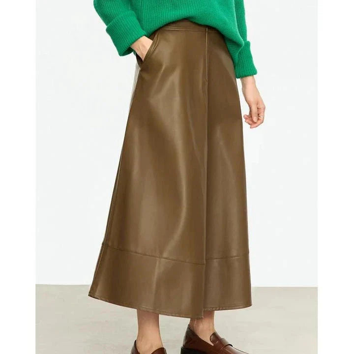 Elegant autumn ankle-length a-line leather midi skirt for women in black colour