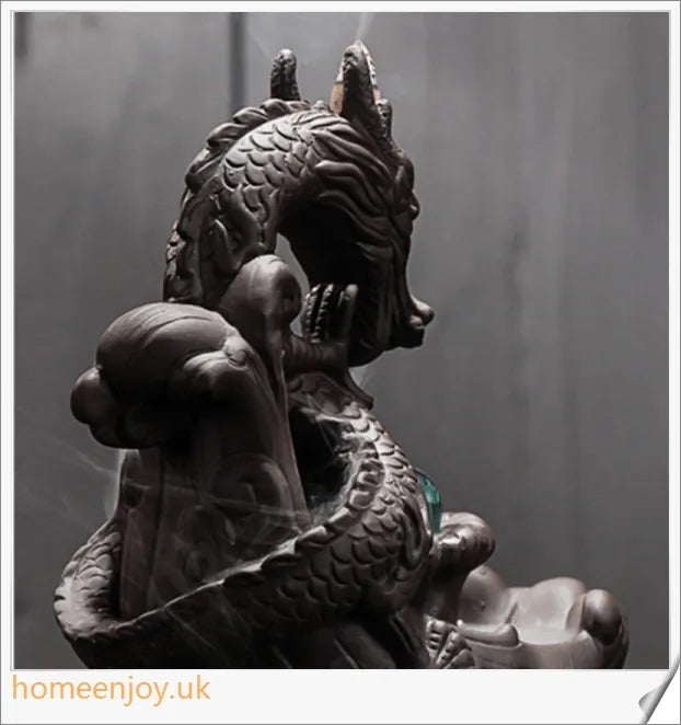 Handcrafted ceramic dragon incense burner with a mesmerizing waterfall design that diffuses calming aromas