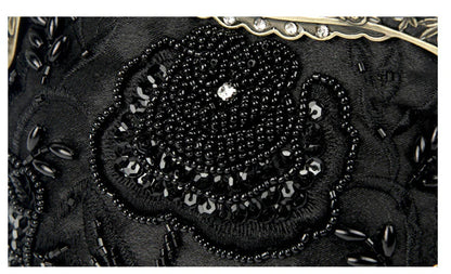 A black cosmetic bag with exquisite bead embroidery, featuring a silk surface and nylon fabric texture for a luxurious feel.