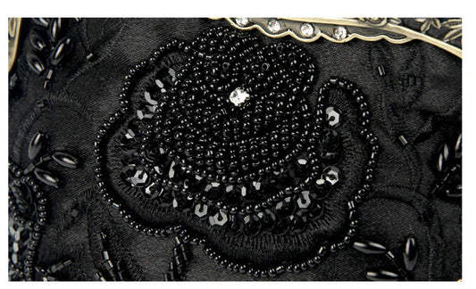 A black cosmetic bag with exquisite bead embroidery, featuring a silk surface and nylon fabric texture for a luxurious feel.