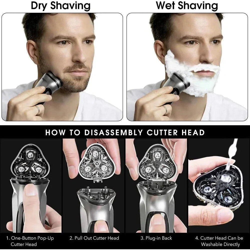 Advanced cordless electric face shaver with 3D floating heads and ultra-thin double ring cutter for a smooth, comfortable shave