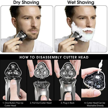Advanced cordless electric face shaver with 3D floating heads and ultra-thin double ring cutter for a smooth, comfortable shave
