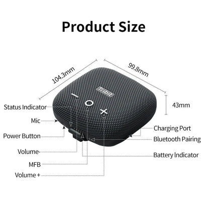 Portable Bluetooth speaker with powerful bass, IP67 waterproof rating, built-in power bank, and 12-hour battery life