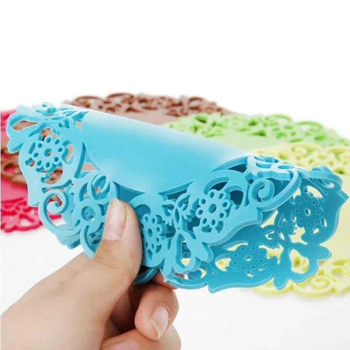 Trendha's premium Lace Silicone Coasters featuring a delicate lace pattern and heat-resistant design to protect your furniture in style.