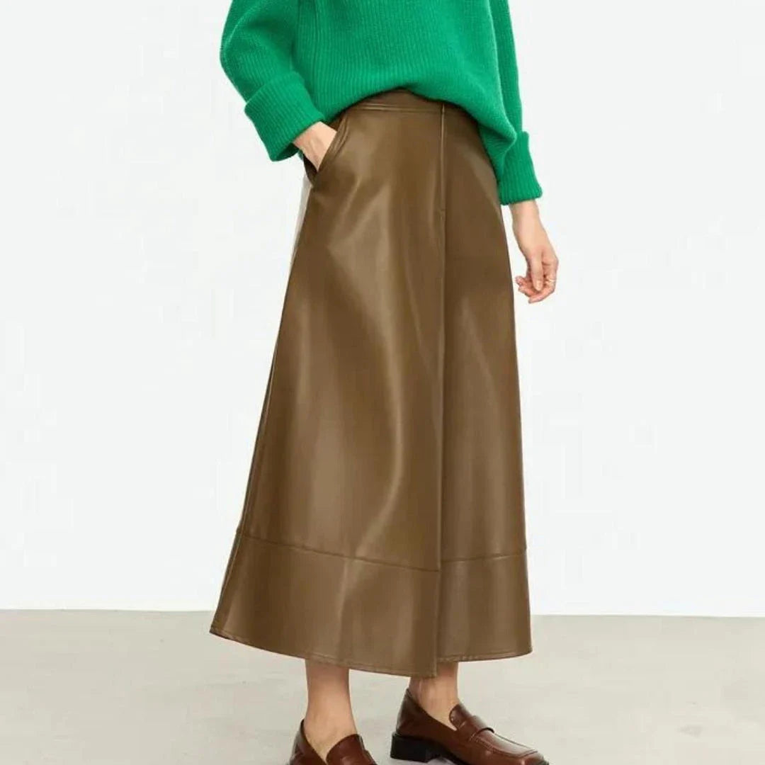 Elegant autumn ankle-length a-line leather midi skirt for women in black colour