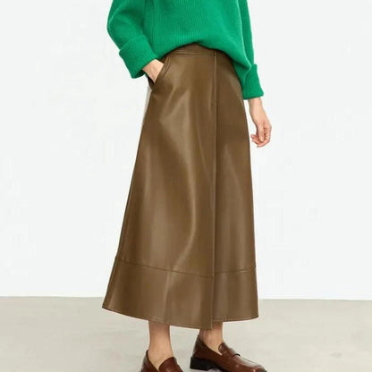 Elegant autumn ankle-length a-line leather midi skirt for women in black colour