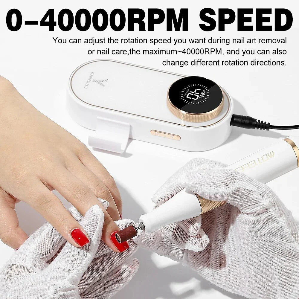 Cordless electric nail drill with 40,000 RPM motor, rechargeable battery, and HD display for professional-quality nail care