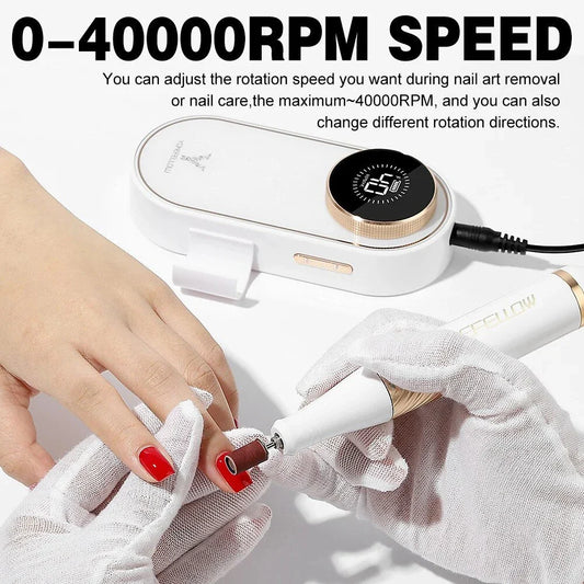 Cordless electric nail drill with 40,000 RPM motor, rechargeable battery, and HD display for professional-quality nail care