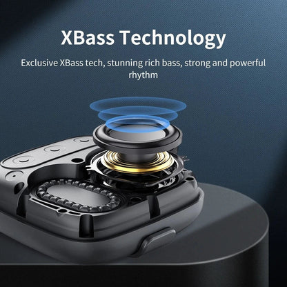 Portable Bluetooth speaker with powerful bass, IP67 waterproof rating, built-in power bank, and 12-hour battery life