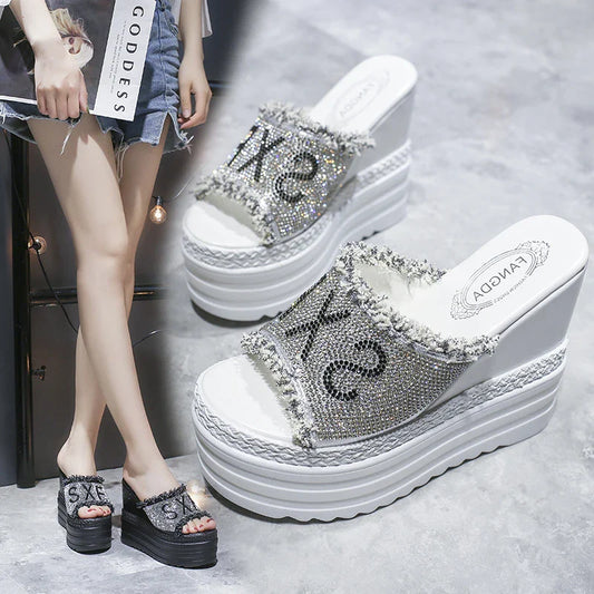 Rhinestone-embellished platform sandals with super high wedge heel and sponge cake sole