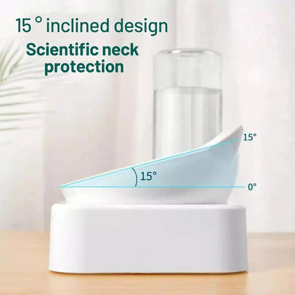 A sleek and rounded cat food and water bowl with an integrated water dispenser, made from high-quality plastic and designed for convenience and style.