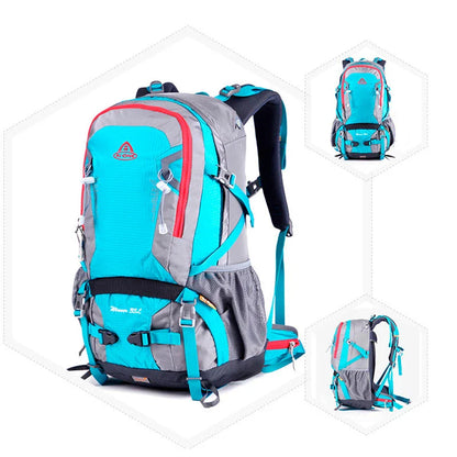 Durable outdoor climbing backpack with integrated raincover, featuring waterproof nylon construction, adjustable straps, and multiple storage compartments.