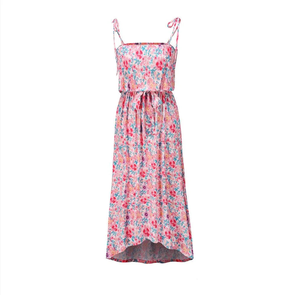 Printed camisole dress with a flattering mid-length swing skirt and a high-waisted design for a stylish, figure-enhancing look.