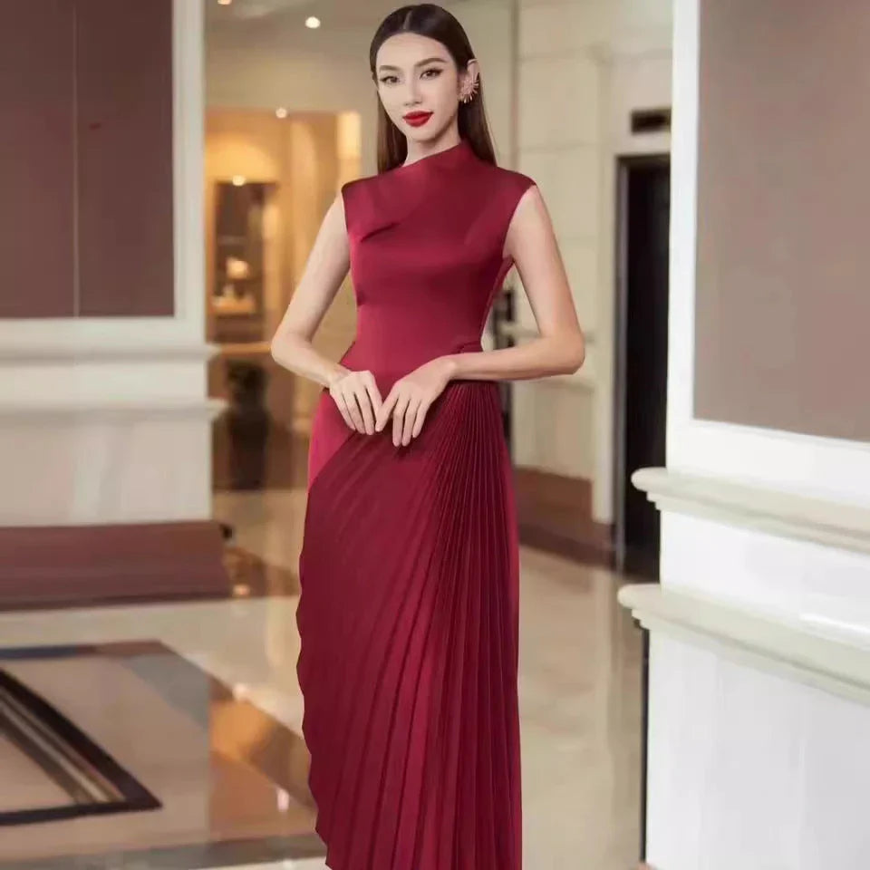 Elegant asymmetric dress in wine red and milky white with a half turtleneck design, perfect for autumn and winter wear.