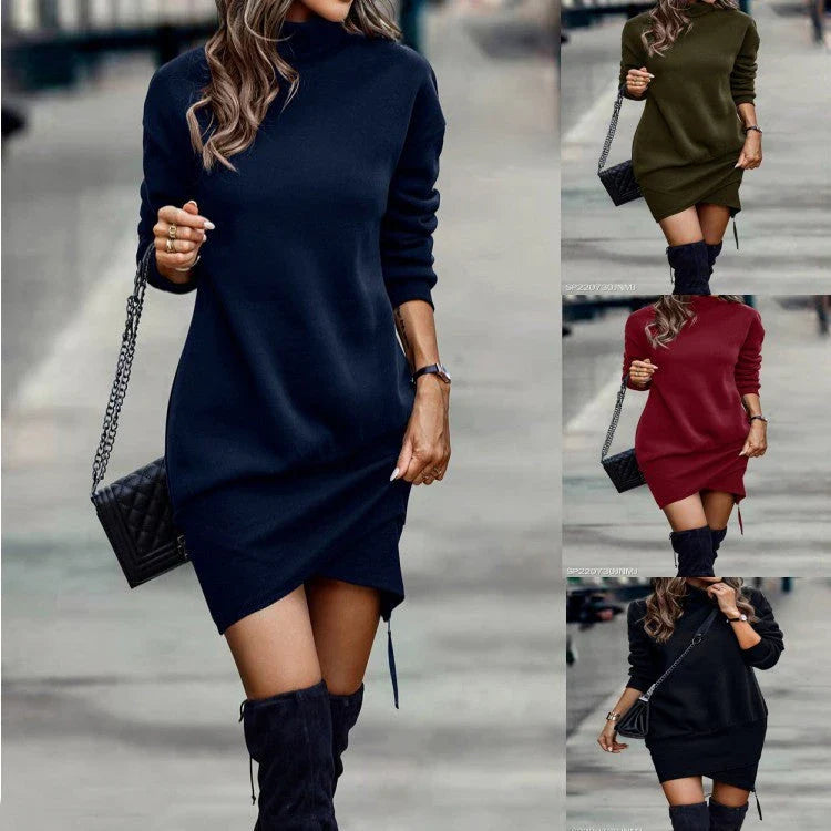 Elegant long sleeve midi dress in various colours, featuring a high neck design and waist cutout detail