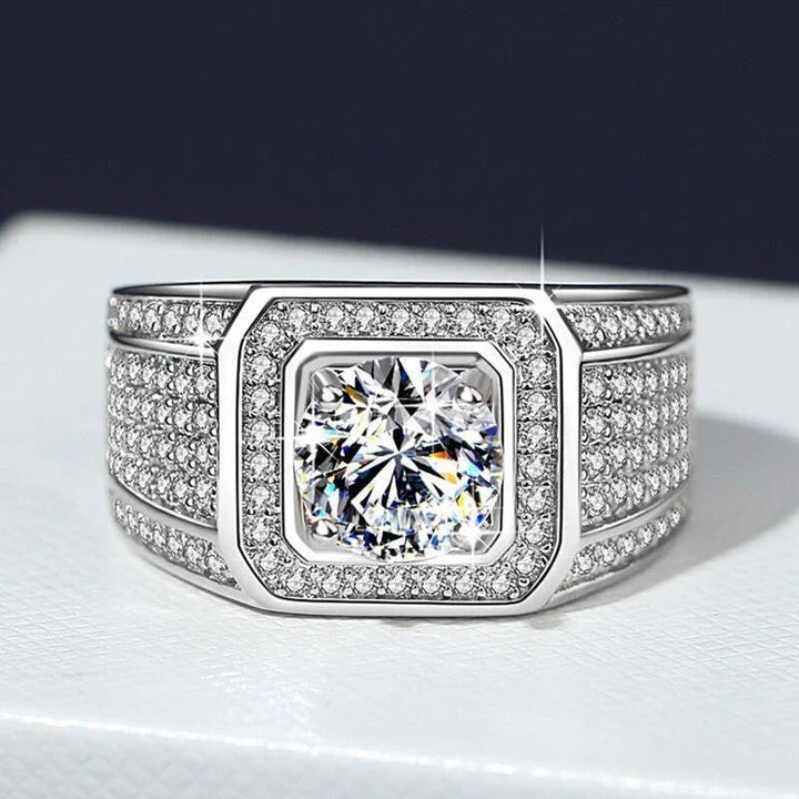 Elegant 2-carat diamond inlaid men's ring with a sleek, geometric design and adjustable fit