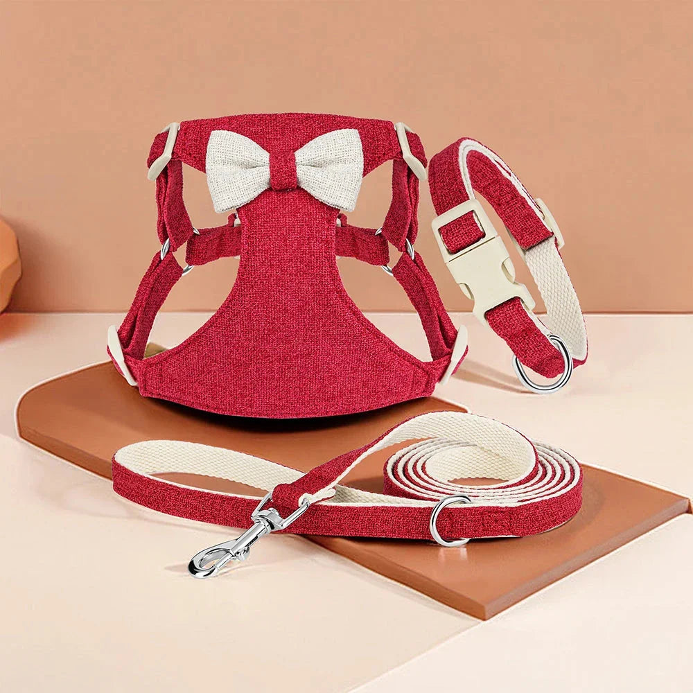 Charming quick-release dog collar, harness and lead set with adorable bow, available in various colours and sizes
