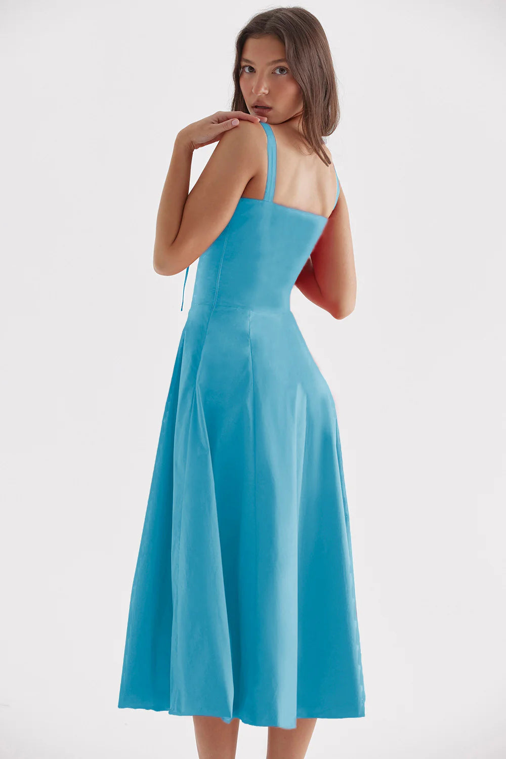A stylish suspender dress made of premium polyester with a French high-split design, available in a range of vibrant solid colours for versatile summer wear.