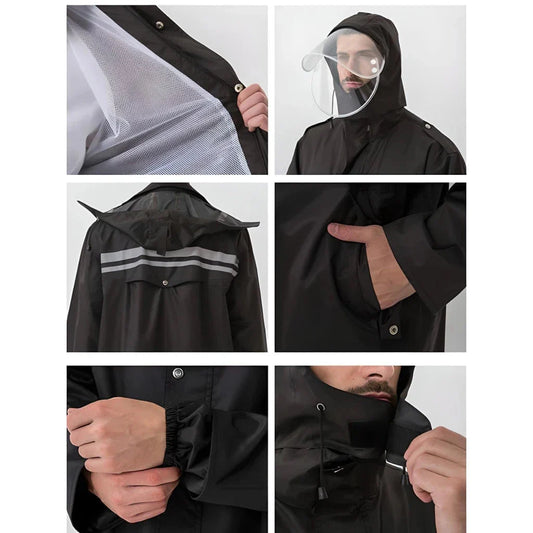 A high-quality men's long waterproof raincoat made from premium Oxford cloth for reliable protection and style during outdoor activities