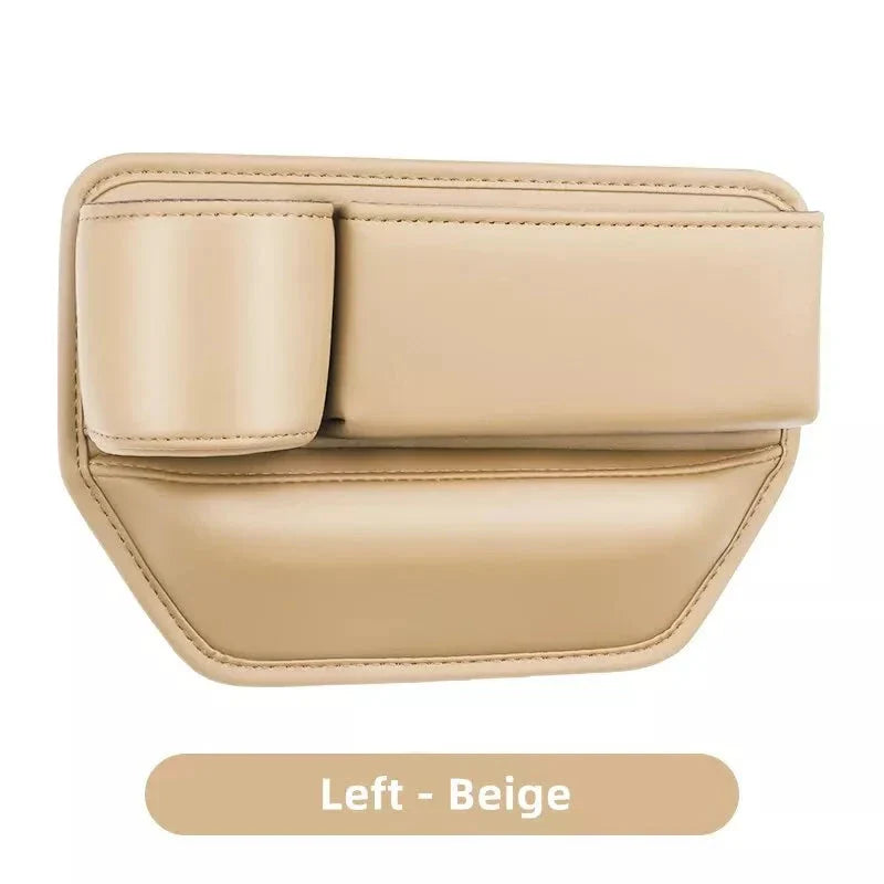Leather Car Seat Gap Organiser with multiple storage compartments and cup holder, designed for easy installation and a sleek look in your vehicle.