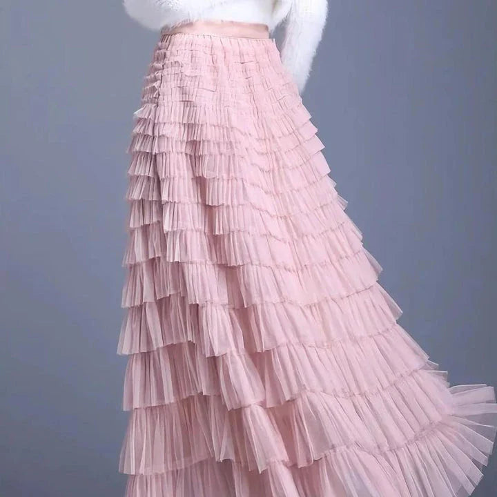 Elegant British Summer Tulle Skirt in Champagne colour, featuring a flattering A-line silhouette and charming tiered design