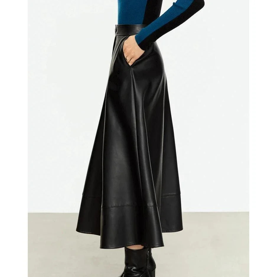 Elegant autumn ankle-length a-line leather midi skirt for women in black colour