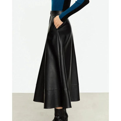 Elegant autumn ankle-length a-line leather midi skirt for women in black colour