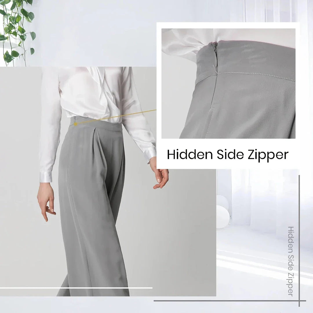Chic silk wide-leg trousers in a sophisticated grey colour, featuring a high-waist design and relaxed fit for all-day comfort and style.