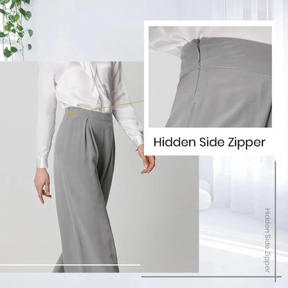 Chic silk wide-leg trousers in a sophisticated grey colour, featuring a high-waist design and relaxed fit for all-day comfort and style.