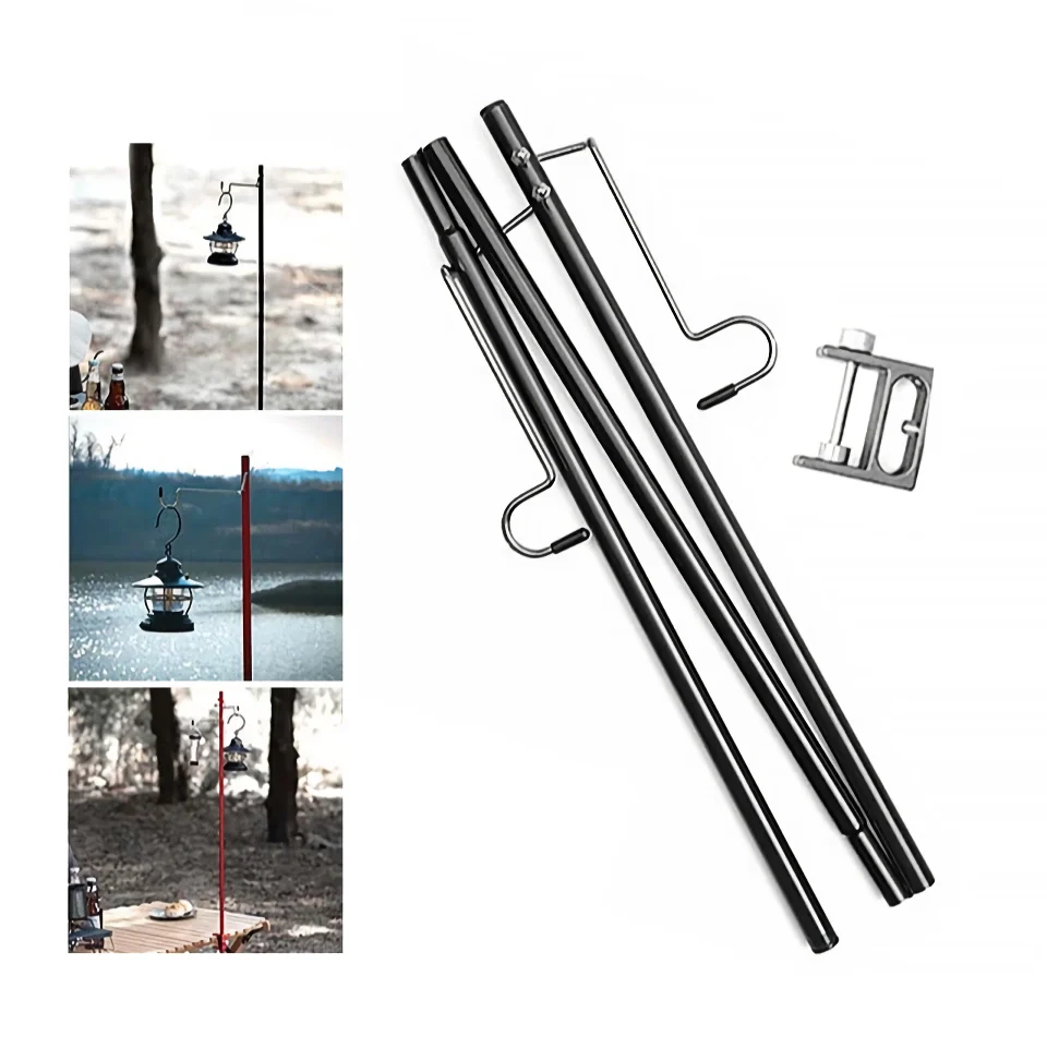 Adjustable camping lantern stand with detachable hangers, made of corrosion-resistant stainless steel and aluminium alloy for stable and elevated lighting.