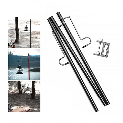 Adjustable camping lantern stand with detachable hangers, made of corrosion-resistant stainless steel and aluminium alloy for stable and elevated lighting.