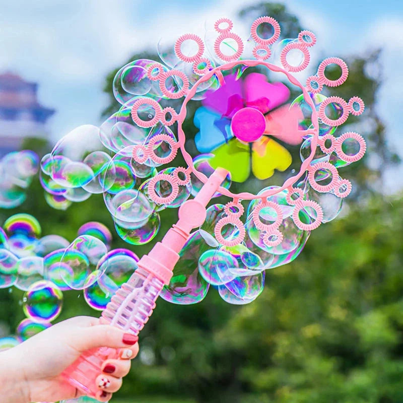 Colourful and durable bubble-blowing windmill wand for enchanting outdoor fun