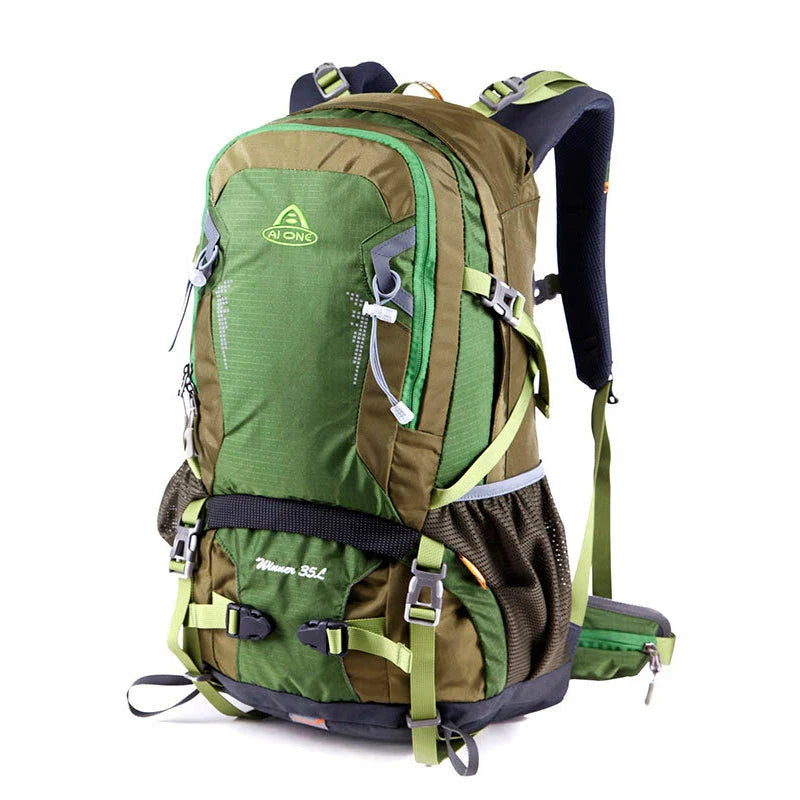 Durable outdoor climbing backpack with integrated raincover, featuring waterproof nylon construction, adjustable straps, and multiple storage compartments.