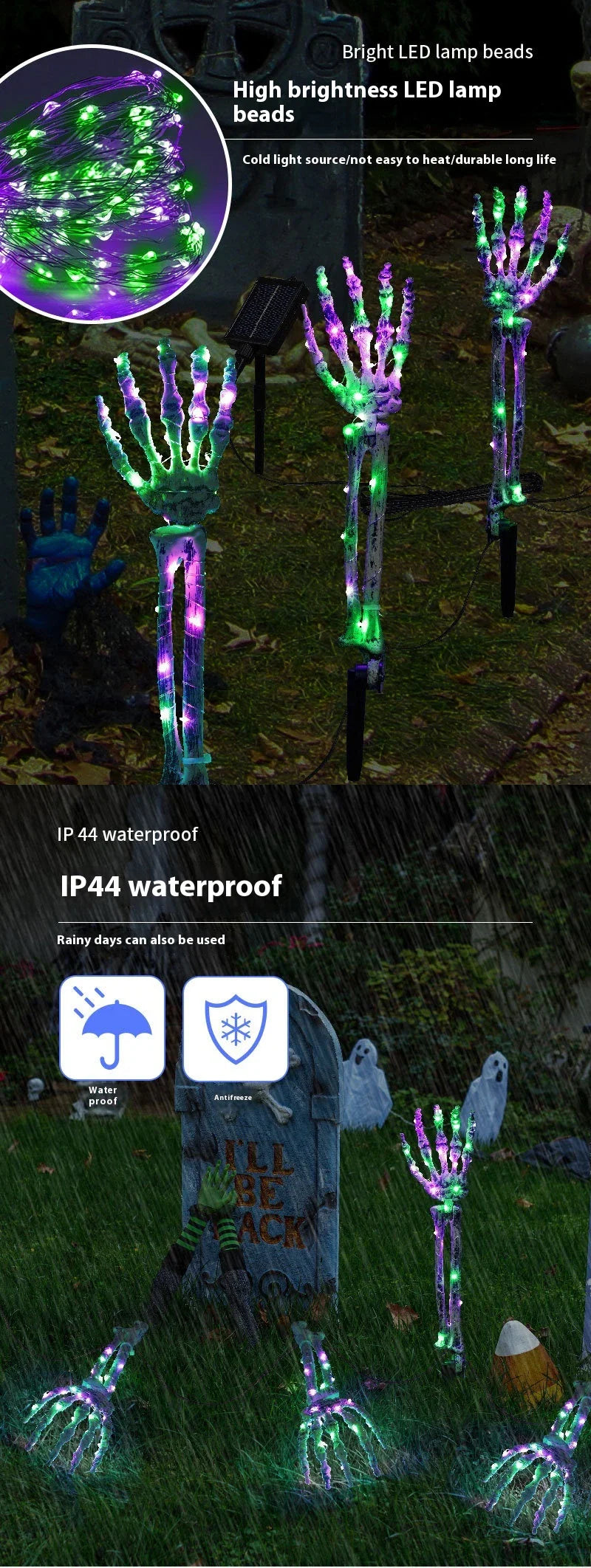 Solar-powered Halloween ground lamp with hand-shaped LED lights in purple and green colours, creating a spooky ambience in an outdoor courtyard