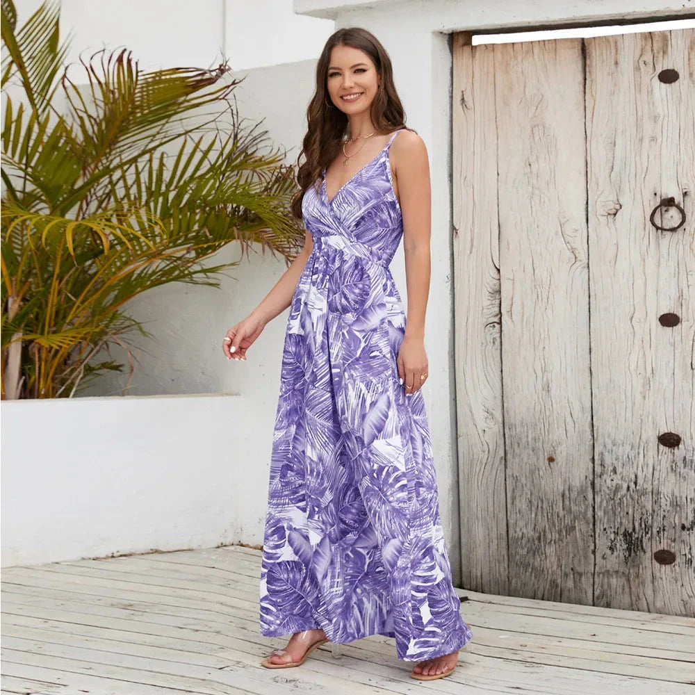 Elegant bohemian-inspired paisley print maxi dress with spaghetti straps and V-neckline