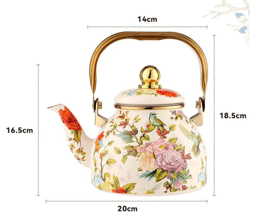 Elegant enamel outdoor kettle with a 1200 ml capacity, designed for brewing tea in style