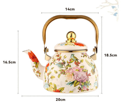 Elegant enamel outdoor kettle with a 1200 ml capacity, designed for brewing tea in style