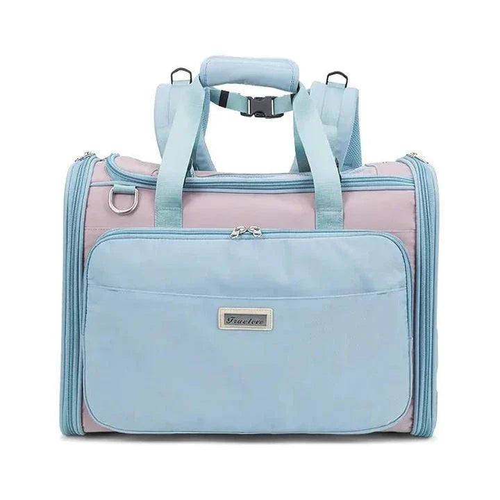 Premium water-resistant pet carrier bag made of eco-friendly 420D polyester with breathable mesh panels and ergonomic design for comfortable pet travel.