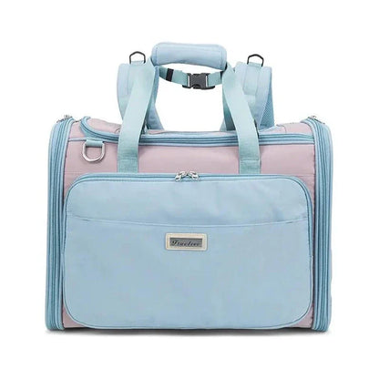 Premium water-resistant pet carrier bag made of eco-friendly 420D polyester with breathable mesh panels and ergonomic design for comfortable pet travel.