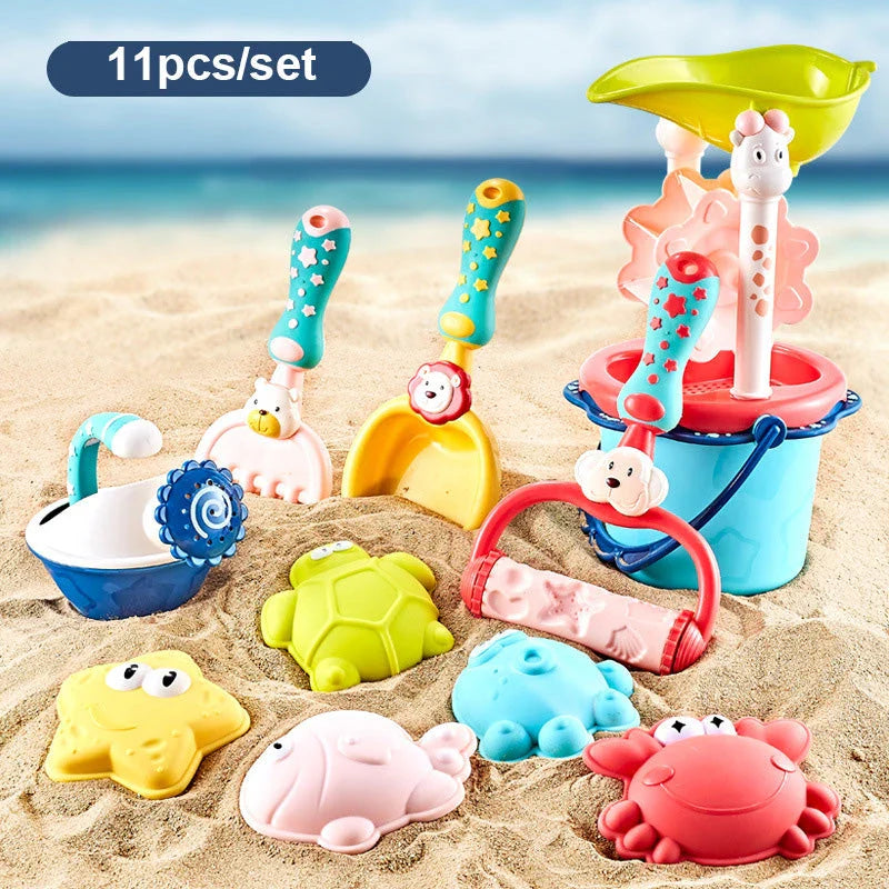 Colourful and vibrant baby beach toy set with shovels, sand moulds, and a convenient carry bag