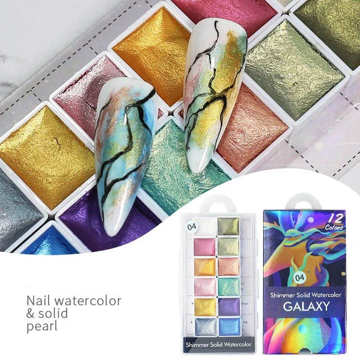 Dazzling watercolour nail art powder with iridescent, metallic, and glitter effects for creating vibrant, salon-quality nail designs