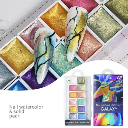 Dazzling watercolour nail art powder with iridescent, metallic, and glitter effects for creating vibrant, salon-quality nail designs