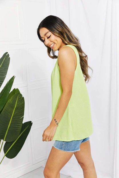 Blumin Apparel Chance of Sun Full Size Ribbed V-Neck Tank in Green - A chic and comfortable women's tank top with a v-neck design, flared cut, and premium stretchy fabric