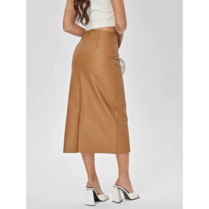 Elegant high-waist faux leather straight skirt with a sleek, flattering silhouette and mid-calf length for versatile wear
