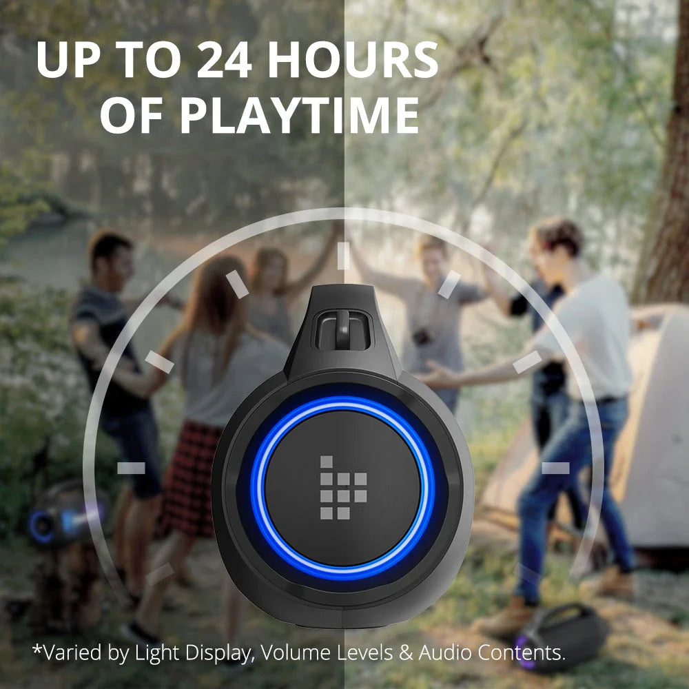Powerful Bluetooth speaker with 40W audio, 24-hour playtime, and dynamic lighting effects for outdoor use