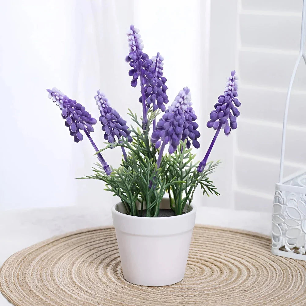 Artificial lavender floral arrangement in an iron basket, creating a rustic and elegant home decor piece