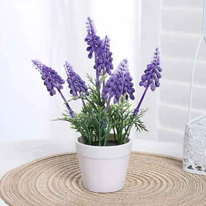 Artificial lavender floral arrangement in an iron basket, creating a rustic and elegant home decor piece