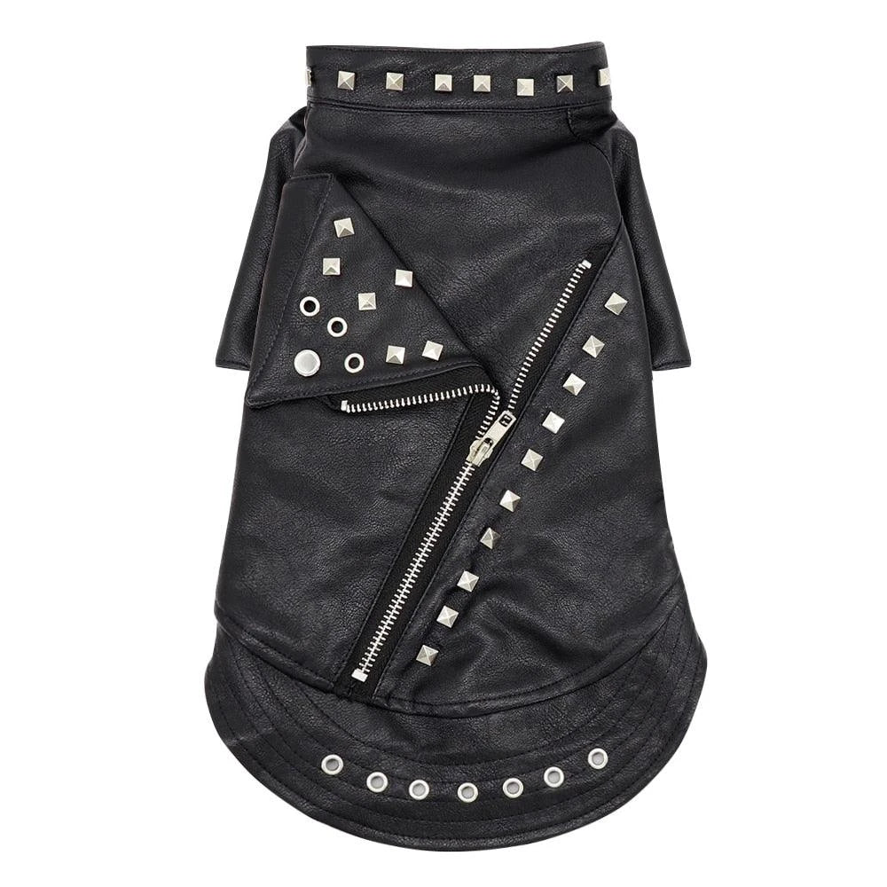A black leather jacket designed for cats, featuring a sleek and stylish look to elevate your feline's fashion sense.